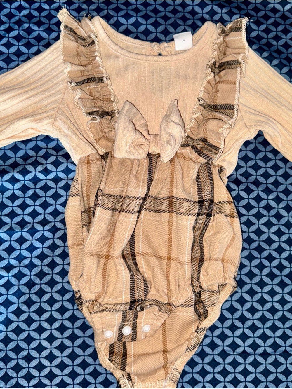 SHEIN Beige Plaid Ruffle One-Piece with Bow